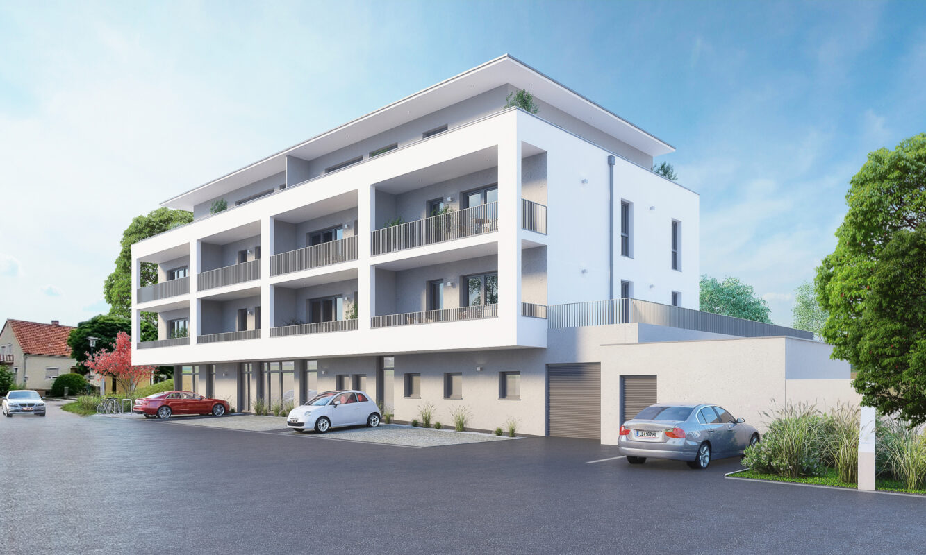 Architektur-Rendering des Hofkirchen City Mehrzweckgebäudes mit modernen Wohnungen, Büros und Geschäftslokalen